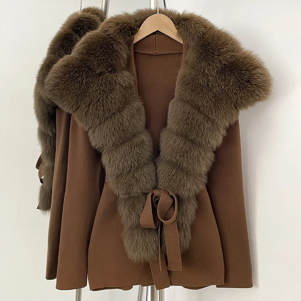 OFTBUY New Women's Knit Cardigan with Oversized Real Fox Fur Collar Belt Luxury Warm Winter Outerwear Sweater Jacket Female