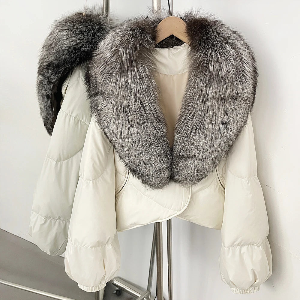 OFTBUY New Winter Real Fox Fur Short Puffer Jackets Women Natural Thick Warm 90% White Duck Down Cropped Loose Waterproof Coat