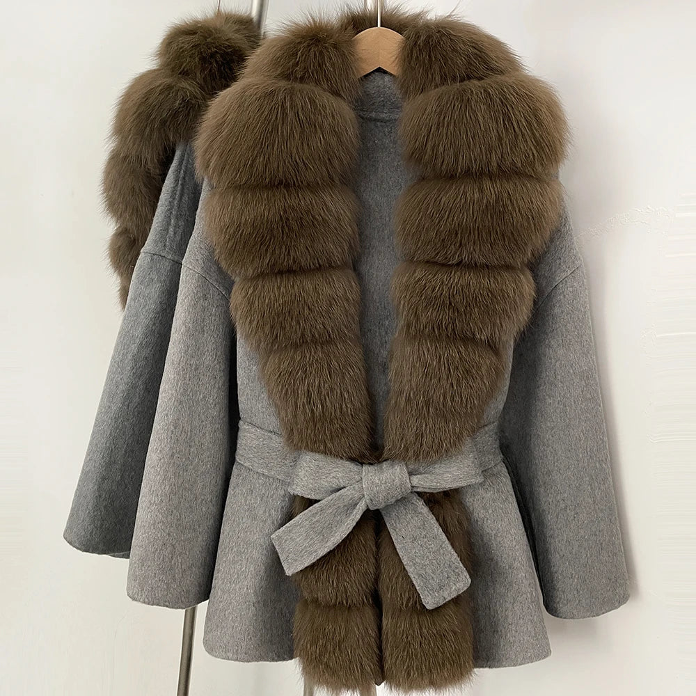 OFTBUY New Autumn Winter Clothes Women Big Natural Fox Fur Pinnacle 100% Wool Coat Female Belt Real Fur Collar Woolen Jacket