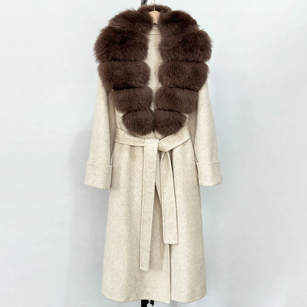 OFTBUY Long Belt 100% Wool Coat with Real Fox Fur Collar Warm Natural Fur Woolen Jacket Female New Autumn Winter Clothing Women