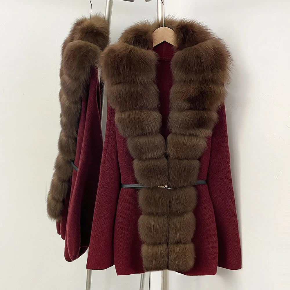 OFTBUY Metal Belt Knit Warm Winter Luxury Fashion Outerwear Sweater Cardigan New Women's Knit Coat with Full Real Fox Fur Front