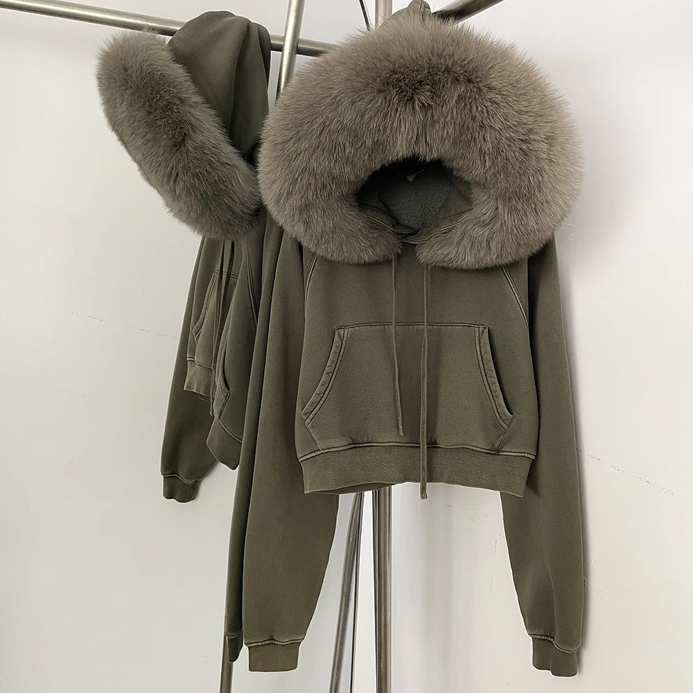 OFTBUY Casual Y2K Hoodie Real Fox Fur Collar Thickened Streetwear Hiphop Hoodie Sweatshirt Vintage Rock Goth Loose Punk Jacket