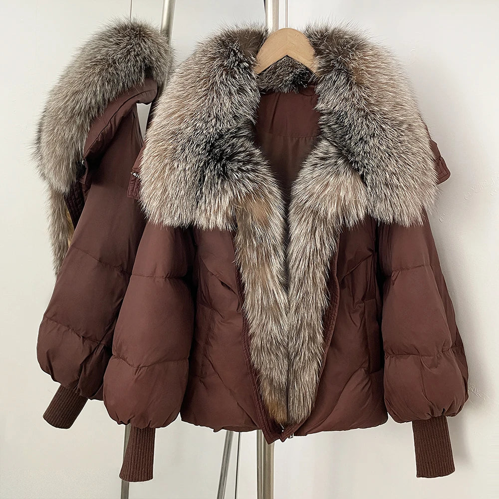 OFTBUY New Puffy Sleeve Warm Loose Puffer Jacket Winter Luxury Outerwear Women's Duck Down Jacket with Large Real Fox Fur Collar