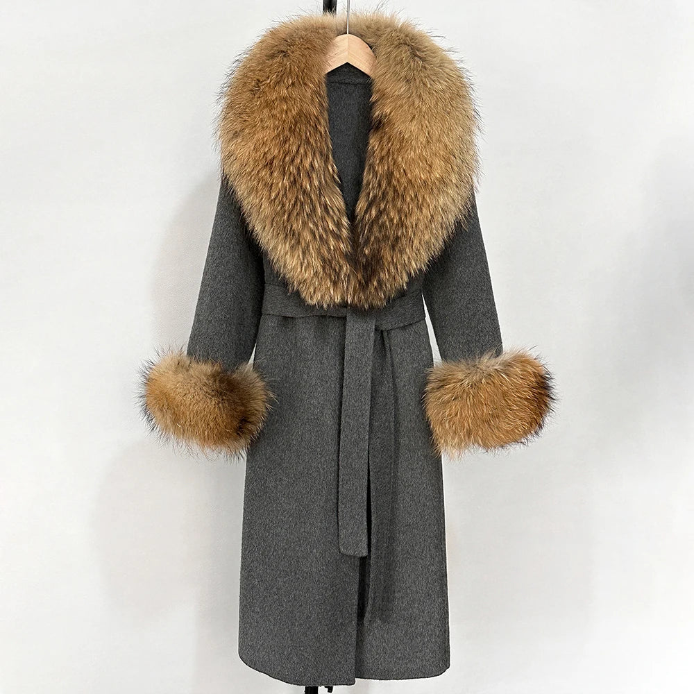 OFTBUY Fashion Warm Woolen Jacket with Real Fox Fur Collar and Cuffs New Autumn Winter Wool Clothing Women Long Belt Outerwear
