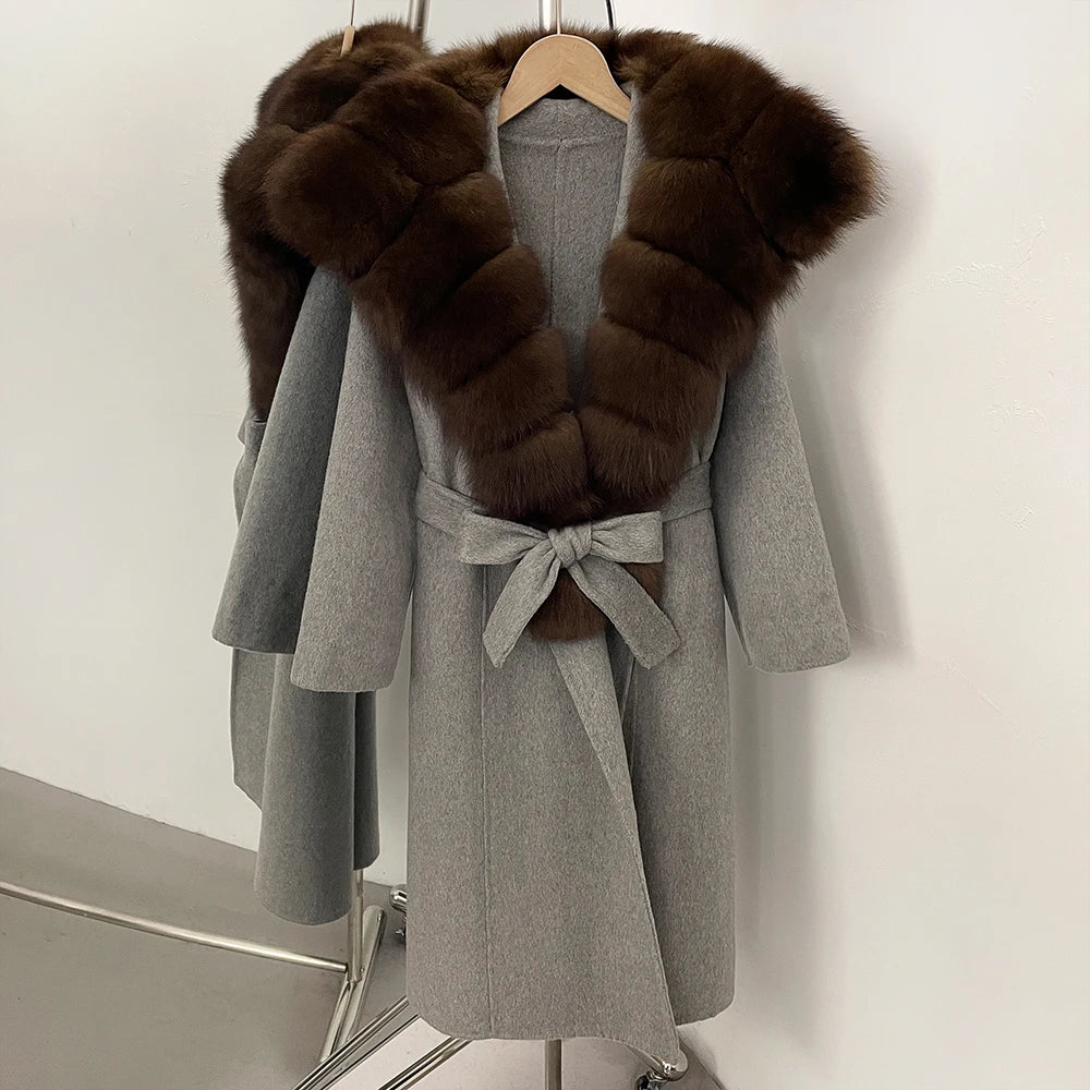 OFTBUY Long Belt Real Fur Wool Coat Female New Autumn Winter Warm Clothes Women Natural Fox Fur Collar Cashmere Woolen Jacket