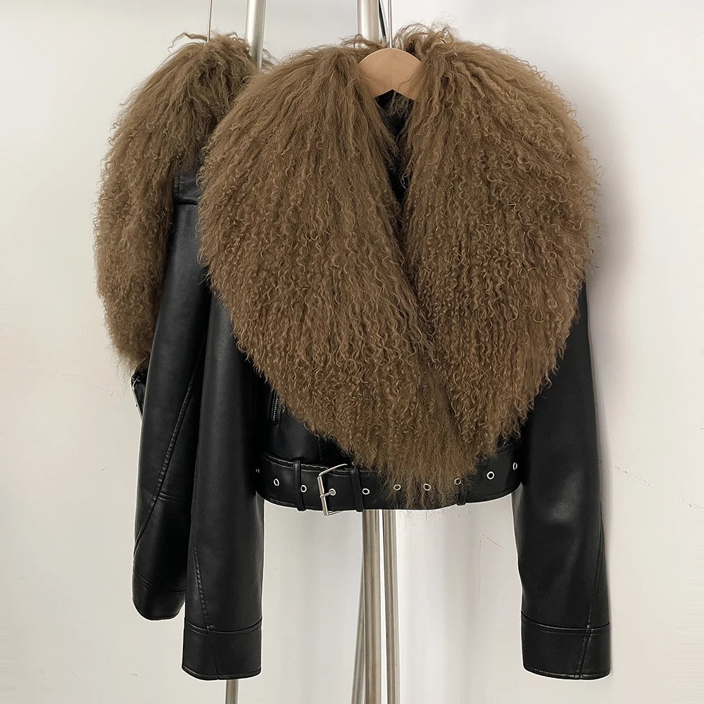 OFTBUY New Autumn Winter Clothes Women Fashion Warm Short Faux Leather Jacket Female Luxury Real Mongolia Sheep Fur Collar Coat