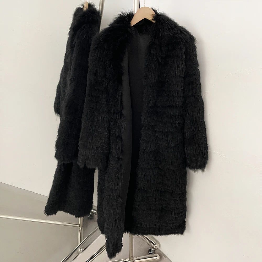 OFTBUY Women's Luxury Black Real Fox Fur Mid-Length Coat Natural Fur Jacket Female New Thick Warm Winter Outerwear for Cold Weather