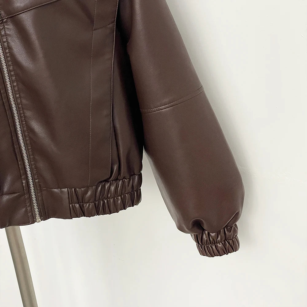 OFTBUY New Spring Autumn Clothes Wholesale Faux Leather Jacket Women Fashion Short Fake Leather Female Short Brown Overcoat Lady