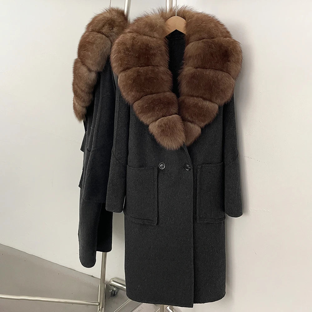 OFTBUY Double Breasted Pockets Long Luxury Warm Winter Outerwear New Women's Double-Faced Wool Coat with Real Fox Fur Collar