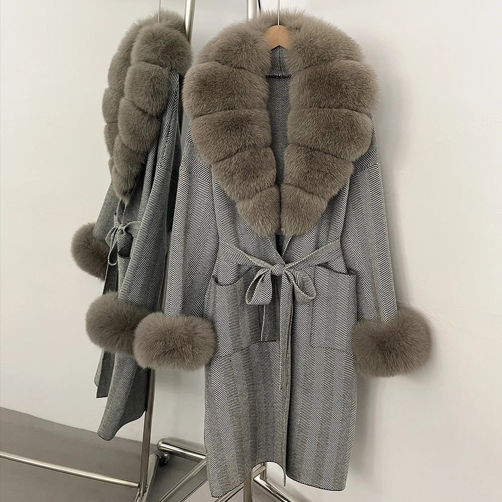 OFTBUY Winter Elegant Outerwear Warm Long Coat Lady New Women's Knit Coat with Large Real Fox Fur Collar Belted Cardigan Female