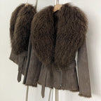 OFTBUY Real Rabbit Fur Lining Belted Winter Luxury Outerwear New Women's Faux Suede Jacket with Real Mongolian Sheep Fur Collar