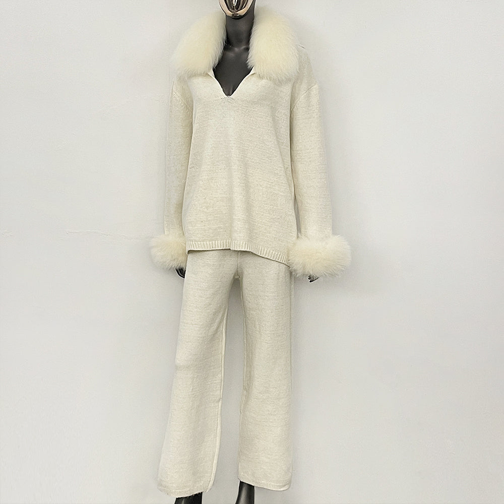 OFTBUY Loose Pants Warm Winter Elegant Casual Outfit Sweater Female New Women's Knit Two Piece Set with Real Fox Fur Collar