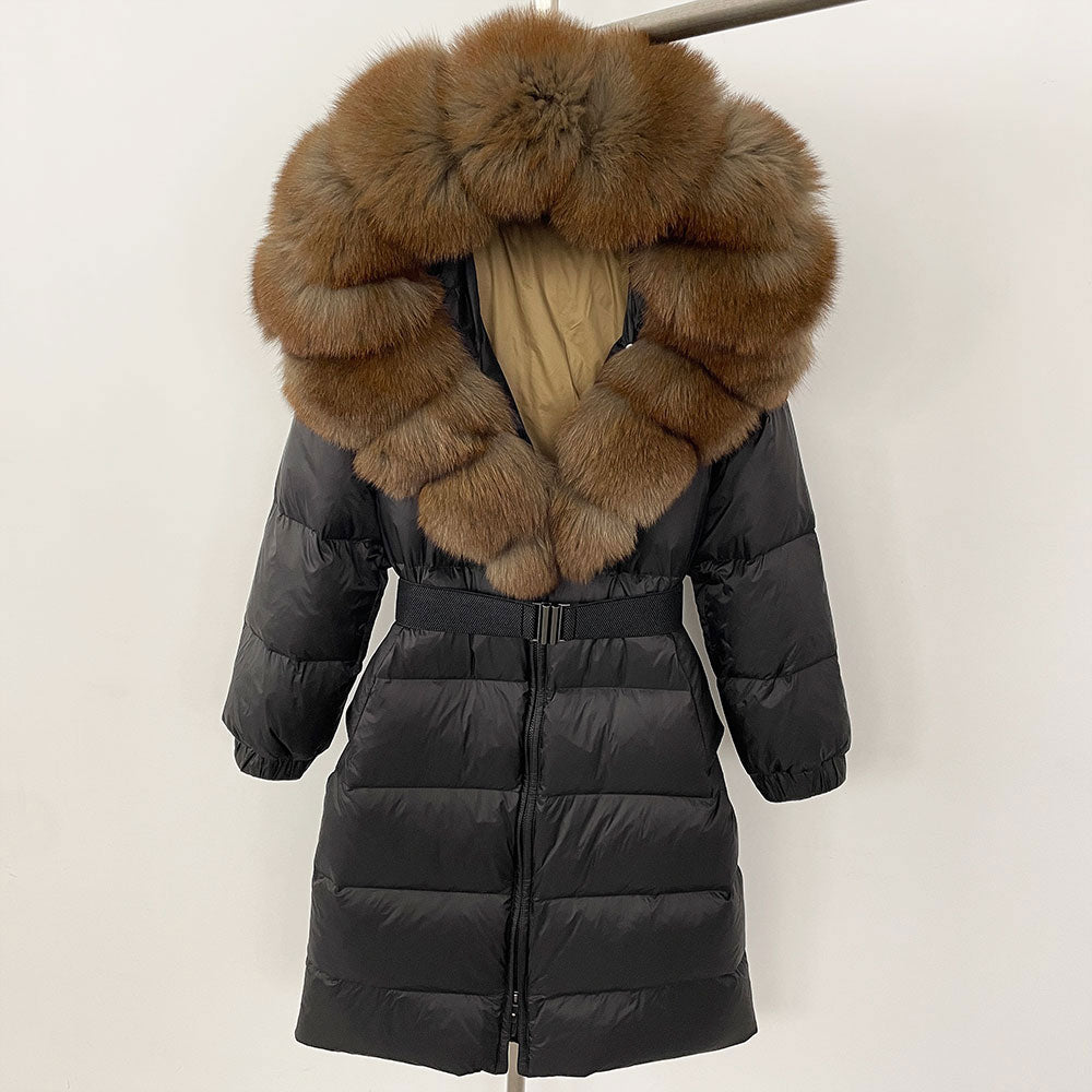OFTBUY New Natural Thick Warm Duck Down Coat Female Long Winter Jacket Women Real Big Fox Fur Collar Belt Loose Puffer Parka