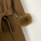 OFTBUY New Women's Double-Faced Wool Coat with Real Fox Fur Cuffs V-Neck Belted Bow Long Warm Winter Elegant Fashion Outerwear
