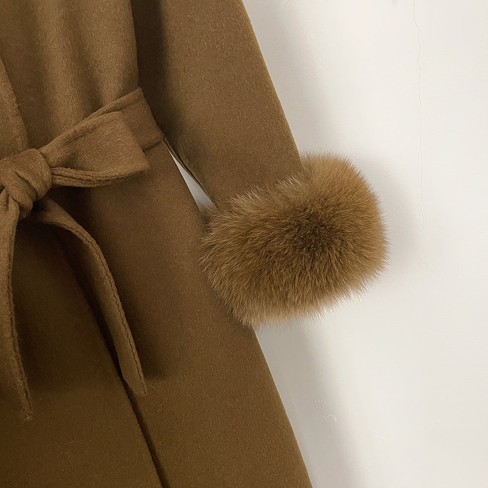 OFTBUY New Women's Double-Faced Wool Coat with Real Fox Fur Cuffs V-Neck Belted Bow Long Warm Winter Elegant Fashion Outerwear