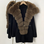 OFTBUY Fashion Belt Warm Sweater Female Natural Fur Loose Cadigan Coat Women Medium Length Knit Jacket with Real Fox Fur Collar