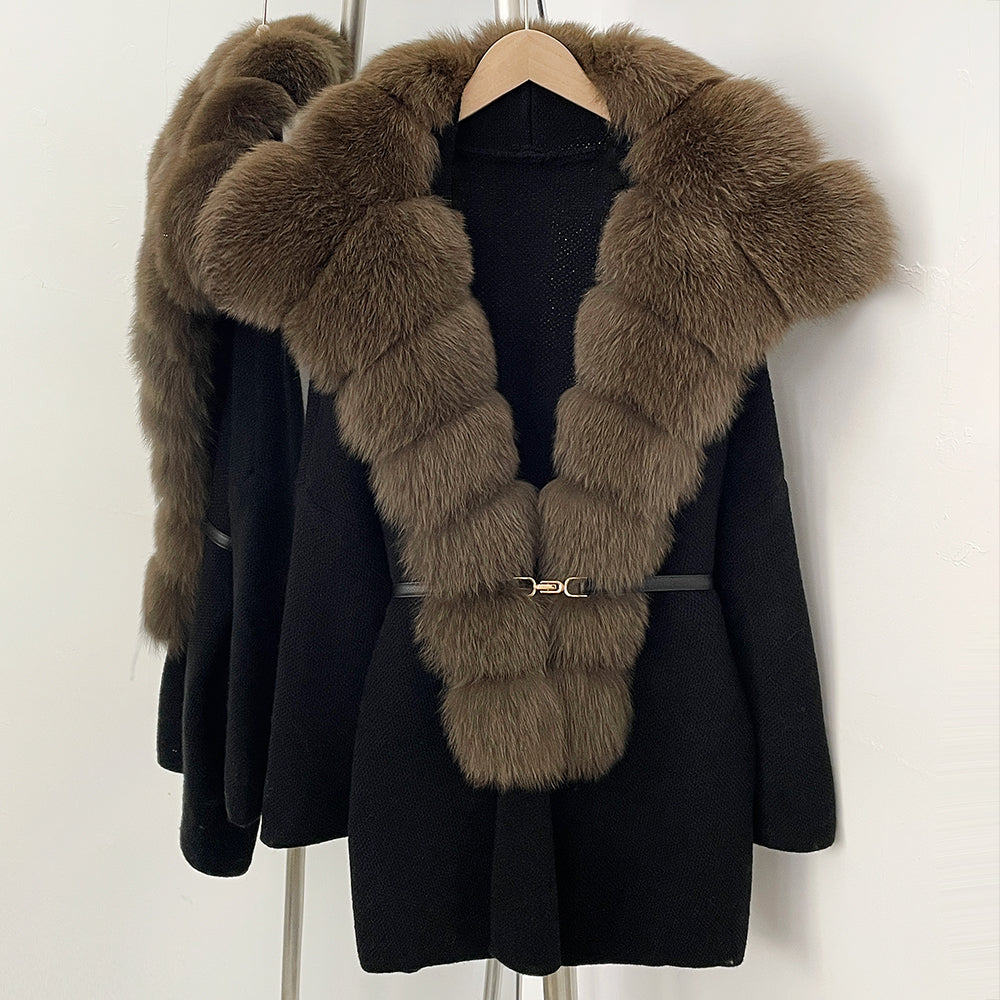 OFTBUY Fashion Belt Warm Sweater Female Natural Fur Loose Cadigan Coat Women Medium Length Knit Jacket with Real Fox Fur Collar