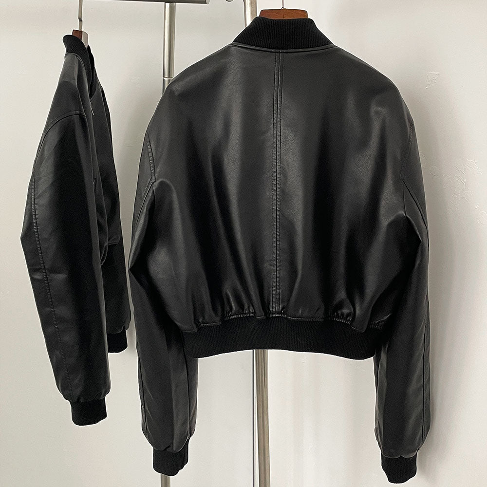OFTBUY Women's Short Black Faux Leather Cropped Bomber Jacket Ribbed Trim PU Aviator Coat Female New Casual Vintage Outerwear
