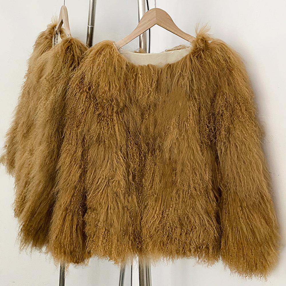 OFTBUY Warm Thick New Autumn Winter Luxury Outerwear Women's Camel Real Mongolian Sheep Fur Coat Curly Natural Fur Jacket Female