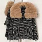 OFTBUY Women's Real Fox Raccoon Fur Collar Houndstooth Knit Cardigan Warm Winter Sweater Coat Female Luxury Elegant Outerwear