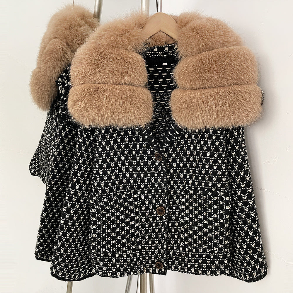 OFTBUY Women's Real Fox Raccoon Fur Collar Houndstooth Knit Cardigan Warm Winter Sweater Coat Female Luxury Elegant Outerwear