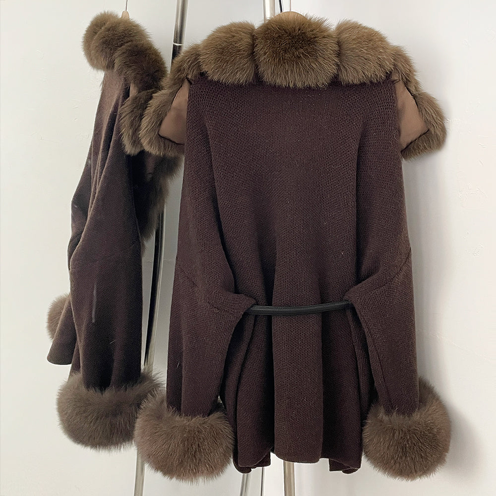 OFTBUY Belt Loose Fit Warm Winter Fashion Outerwear Natural Fur Sweater Female New Women's Knit Coat with Large Real Fox Fur