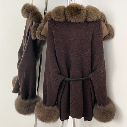 OFTBUY Belt Loose Fit Warm Winter Fashion Outerwear Natural Fur Sweater Female New Women's Knit Coat with Large Real Fox Fur