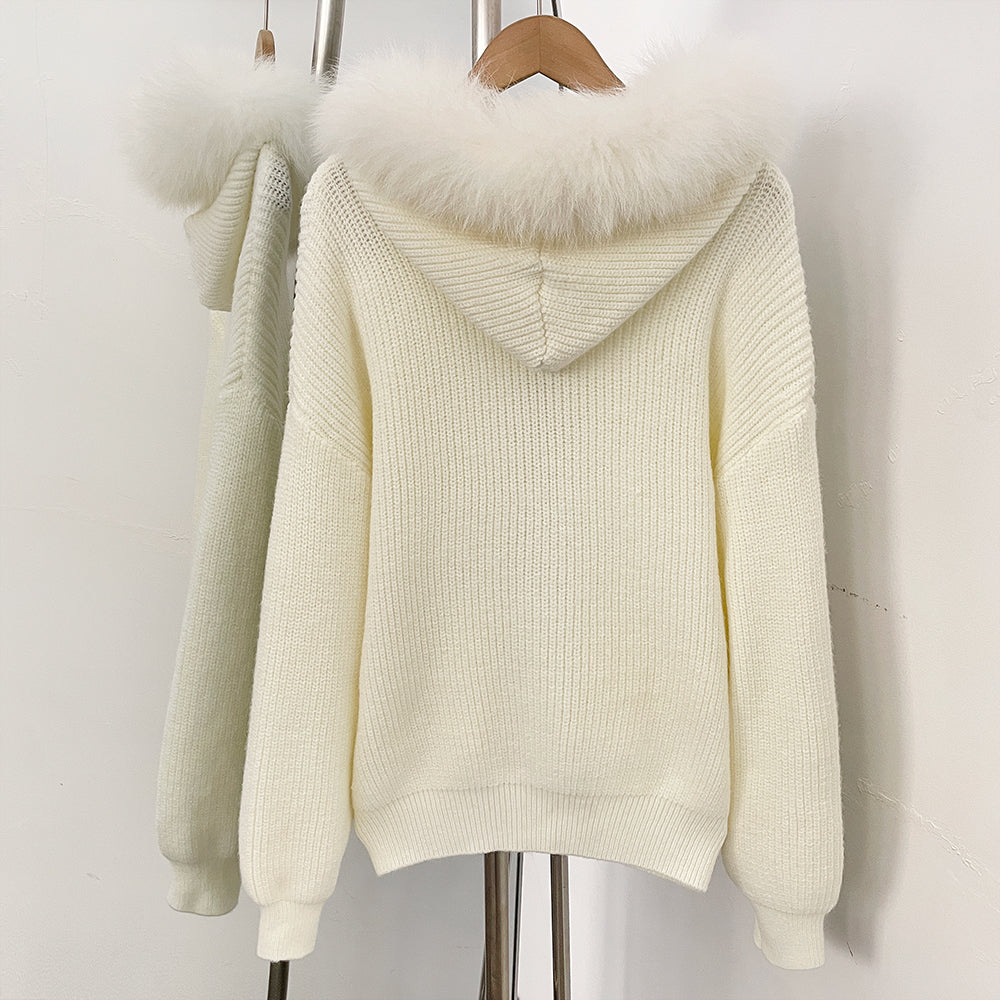 OFTBUY Zipper Pockets Warm Winter Fashion Casual Outerwear Sweater Female New Women's Knit Hoodie with Real Fox Fur Trim