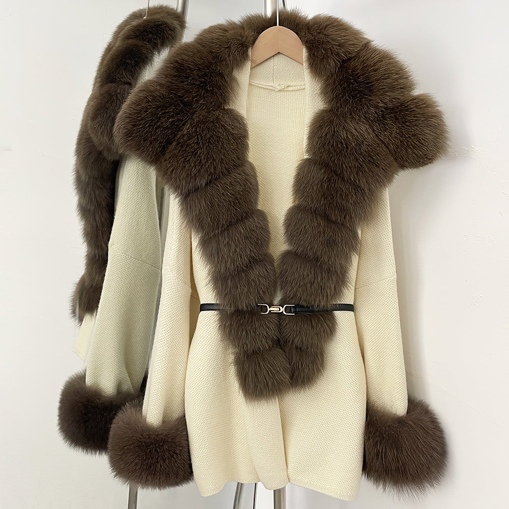OFTBUY Belt Loose Fit Warm Winter Fashion Outerwear Natural Fur Sweater Female New Women's Knit Coat with Large Real Fox Fur