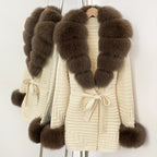 OFTBUY Belted Waist Striped Texture Pockets New Women's Knit Coat with Large Real Fox Fur Collar Winter Luxury Elegant Outerwear