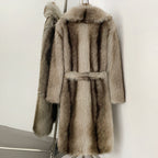 OFTBUY Luxury Long-Length Belted Faux Fur Coat - Premium Vegan Silver Fox Style Overcoat with Oversized Lapel