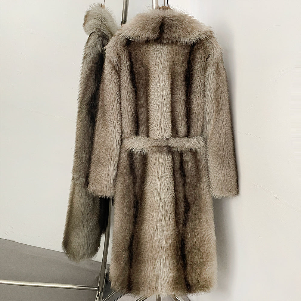 OFTBUY Luxury Long-Length Belted Faux Fur Coat - Premium Vegan Silver Fox Style Overcoat with Oversized Lapel