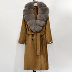 OFTBUY Winter Jacket Women Woolen Blends Coat Natural Real Fox Fur Collar Belt Loose Outerwear Casual Outerwear Streetwear