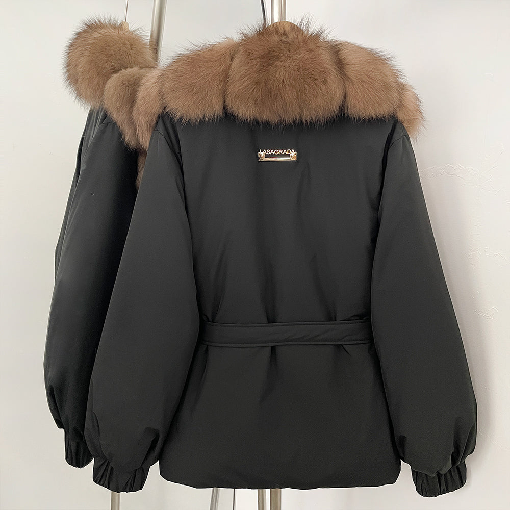 OFTBUY Winter Warm Women Real duck Down Jackets Natural Real Fox Fur Collar Puffer Jackets Belt Female Outwear Coats Hot Sale
