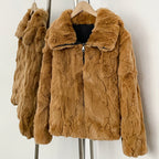 OFTBUY Luxury Zip Up Real Rabbit Fur Short Jacket - Oversized Fold Collar Solid Genuine Rabbit Fur Winter Coat