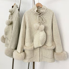 OFTBUY Loose Real Fox Fur 100% Wool Coat with Hat New Autumn Winter Top Clothes Women Natural Fur Cashmere Woolen Jacket Female
