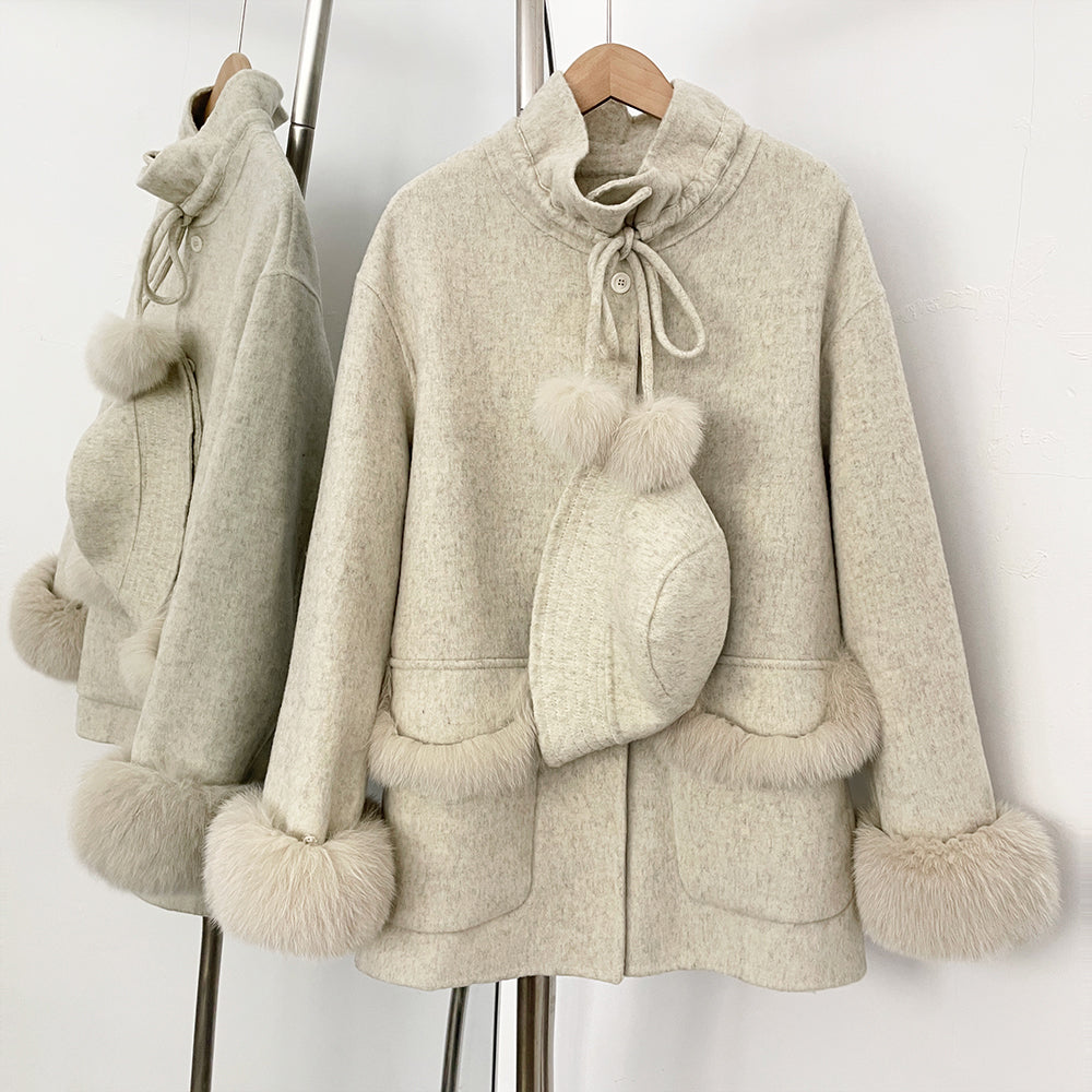 OFTBUY Loose Real Fox Fur 100% Wool Coat with Hat New Autumn Winter Top Clothes Women Natural Fur Cashmere Woolen Jacket Female