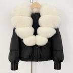 OFTBUY Luxury 90% Duck Down Puffer Jacket with Oversized Real Fox Fur Collar - Short Tiered Winter Coat