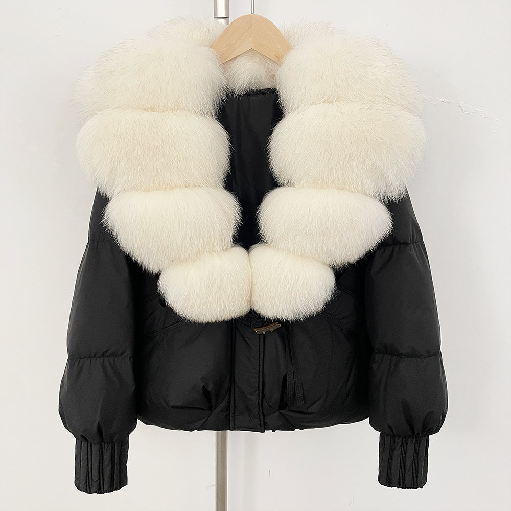 OFTBUY Luxury 90% Duck Down Puffer Jacket with Oversized Real Fox Fur Collar - Short Tiered Winter Coat
