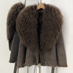 OFTBUY Real Rabbit Fur Lining Belted Winter Luxury Outerwear New Women's Faux Suede Jacket with Real Mongolian Sheep Fur Collar
