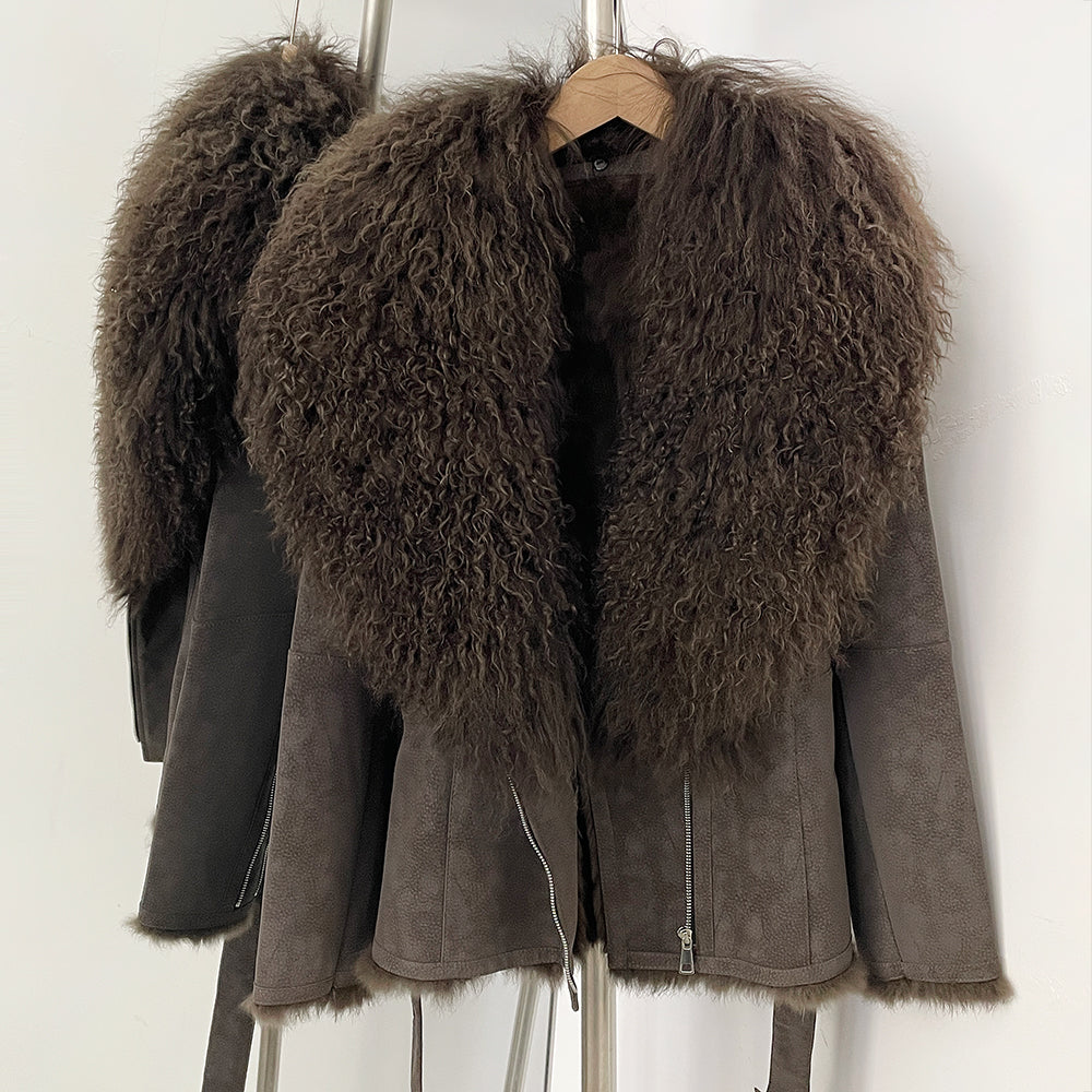 OFTBUY Real Rabbit Fur Lining Belted Winter Luxury Outerwear New Women's Faux Suede Jacket with Real Mongolian Sheep Fur Collar