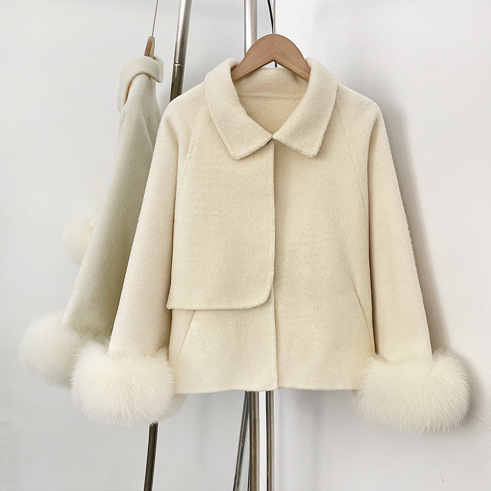 OFTBUY New Women's Double-Faced Wool Coat with Real Fox Fur Cuffs Lapel Collar Coat Design Warm Winter Elegant Fashion Outerwear