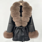 OFTBUY Large Natural Fox Fur Women Faux Leather Jacket Autumn Winter Fashion Ladies Warm Retor Faux Lamb Fur Coat Outwear