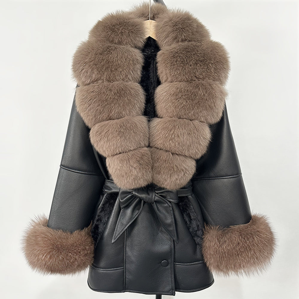 OFTBUY Large Natural Fox Fur Women Faux Leather Jacket Autumn Winter Fashion Ladies Warm Retor Faux Lamb Fur Coat Outwear