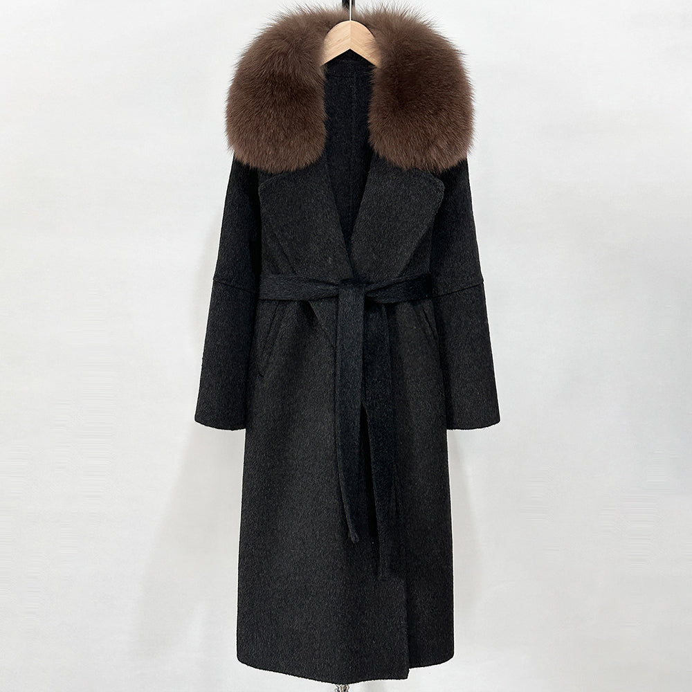 OFTBUY New Autumn Winter Long Clothing Women Fashion Warm Wool Coat with Real Fox Fur Collar Belt Elegant Woolen Jcacket Female