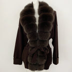 OFTBUY Trim Belted Waist Warm Winter Luxury Fashion Outerwear Sweater Female New Women's Knit Cardigan with Large Real Fox Fur