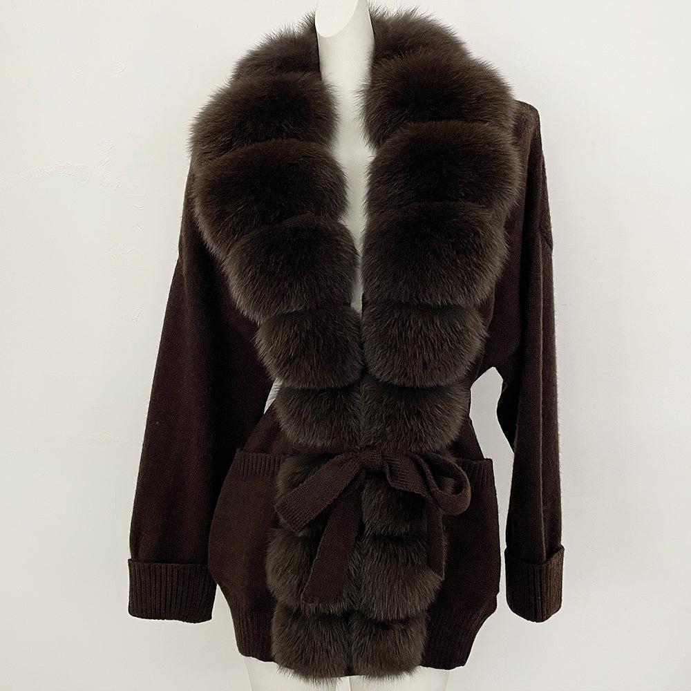 OFTBUY Trim Belted Waist Warm Winter Luxury Fashion Outerwear Sweater Female New Women's Knit Cardigan with Large Real Fox Fur