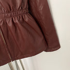 OFTBUY New Women's Faux Leather Jacket Lapel Collar Zipper Elastic Waist Pockets Elegant Fashion Outerwear Vintage Coat Female