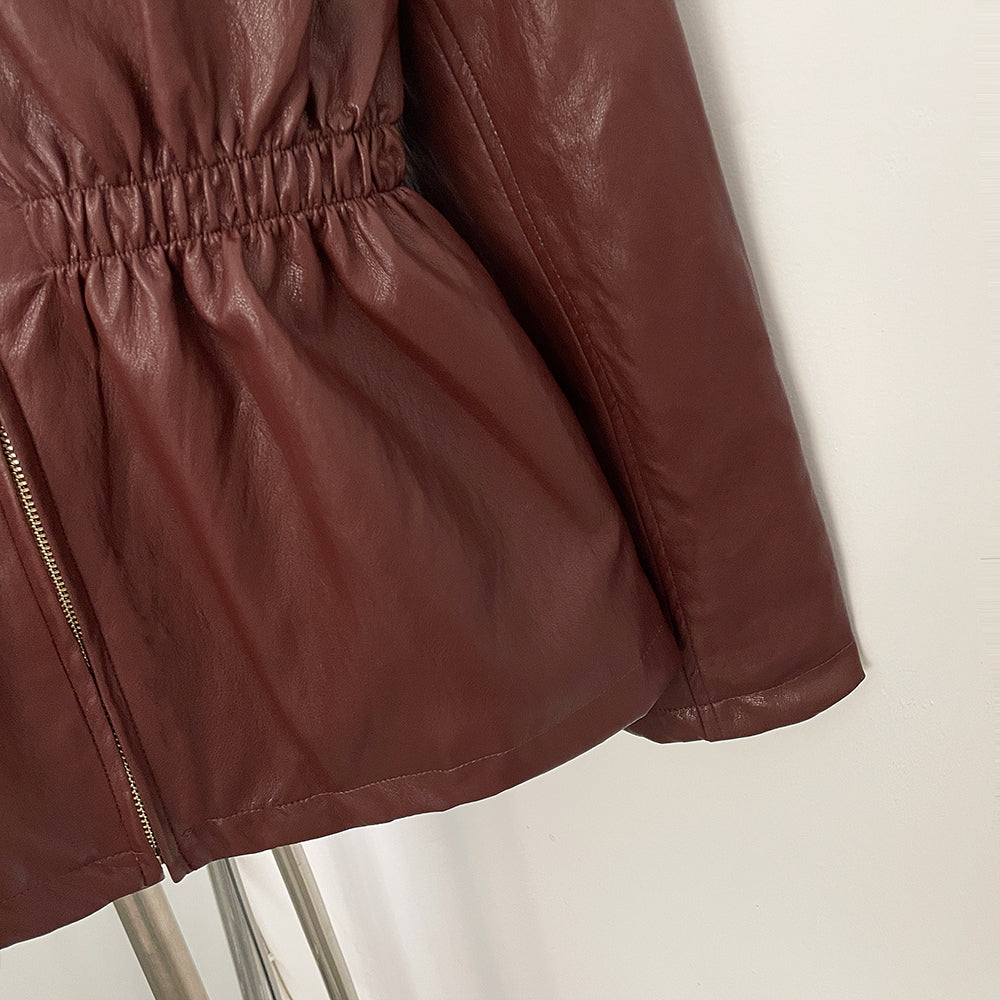 OFTBUY New Women's Faux Leather Jacket Lapel Collar Zipper Elastic Waist Pockets Elegant Fashion Outerwear Vintage Coat Female