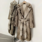 OFTBUY Luxury Long-Length Belted Faux Fur Coat - Premium Vegan Silver Fox Style Overcoat with Oversized Lapel
